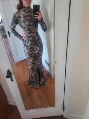 Norma Kamali Turtleneck Fishtail Autumn Leaves Gown Dress